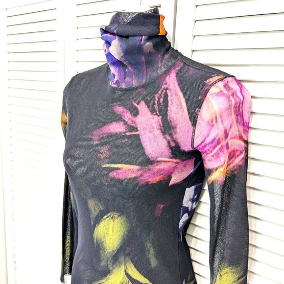 FUZZI Italy Bodycon Turtleneck Mesh Top Medium Black Floral - Picture 4 of 15